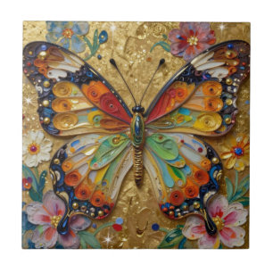 Carreau Beau Papillon et Fleurs en Impasto