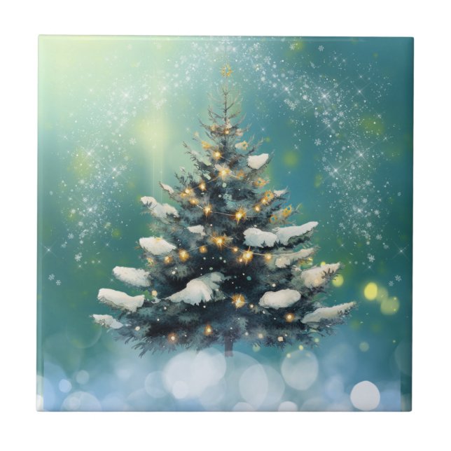 Carreau Beau sapin de Noël avec lumières de neige et d'or (Devant)