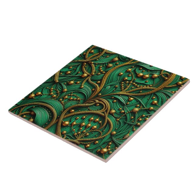 Carreau Beautiful Green & Gold Floral and Beads Abstract (Côté)