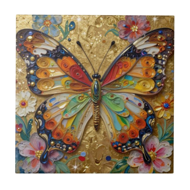 Carreau Beautiful Impasto Butterfly and Flowers   (Devant)