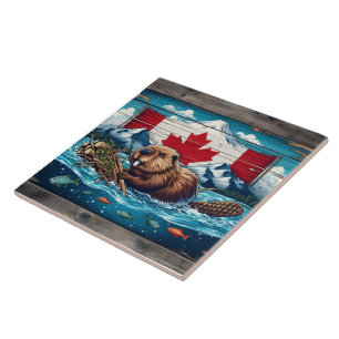 Carreau Beaver Builds Lodge, Drapeau derrière