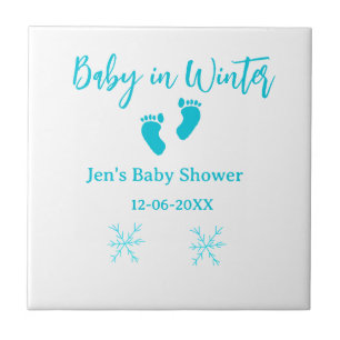 Carreau Bébé en hiver baby shower bleu bébé pieds snowflak