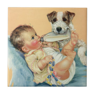 Carreau Bébé garçon mignon vintage avec biberon et chiot