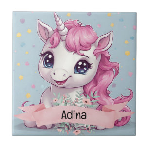 Carreau Bébé rose magique Unicorn Stars Nom personnalisé
