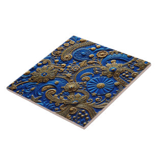 Carreau Belle Abstraction Florale Bleu Royal et Or