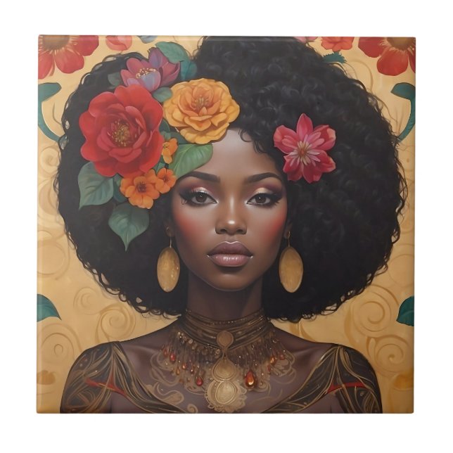 Carreau Belle Africaine Américaine Avec Fleurs (Devant)