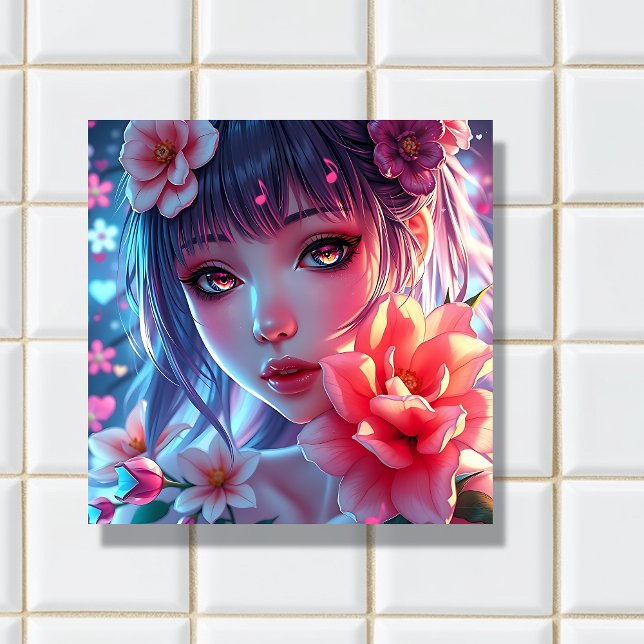Carreau Belle Anime Girl Glitchcore Floral (Créateur téléchargé)