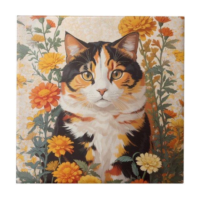 Carreau Belle Chat Calico Avec Fleurs Marigold (Devant)