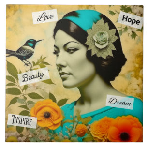 Carreau Belle femme Vintage avec des oiseaux et des fleurs