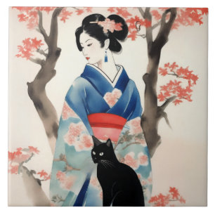 Carreau Belle fille japonaise avec un chat noir