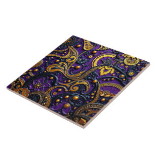 Carreau Belle Florale Abstraite Violet Noir Or