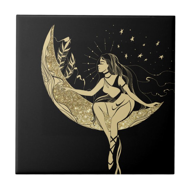 Carreau Belle lune des étoiles femme art déco illustration (Devant)