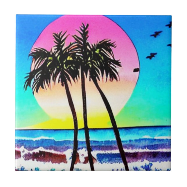Carreau Belle peinture du coucher de soleil à la plage (Devant)