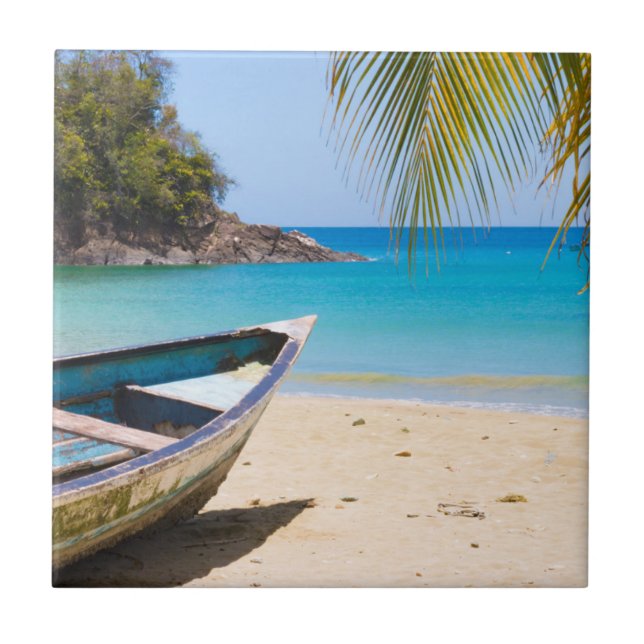 Carreau Belle plage tropicale avec bateau à rames (Devant)