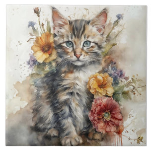 Carreau Belle Tabby Gris Chat Entouré de Fleurs
