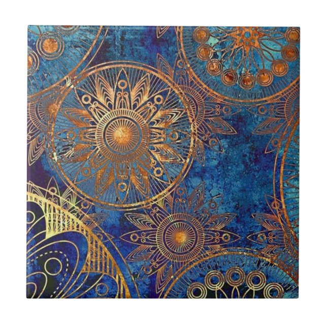 Carreau Belle tuile bleue avec de l'or métallique (Devant)