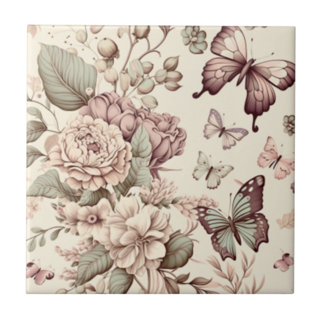 Carreau Belles fleurs et papillons couleurs pastel (Devant)