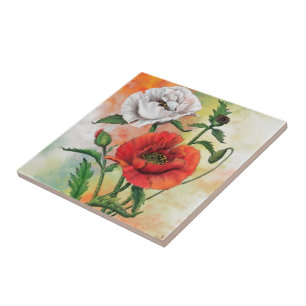 Carreau Belles Poppies Rouge Blanc Carrelage en céramique