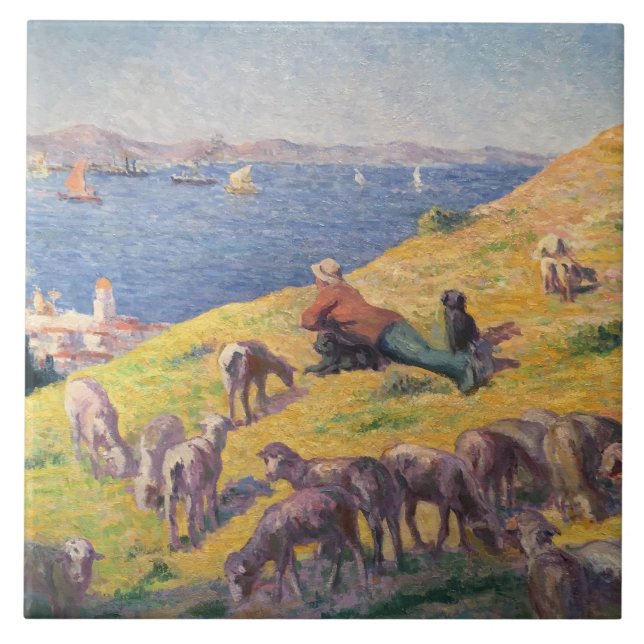 Carreau Berger avec son mouton regardant la mer (Devant)