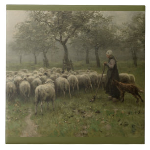 Carreau Bergère avec un troupeau des moutons, mauve