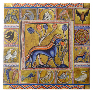 CARREAU BESTIAIRE MÉDIÉVAL, CHASSE DE CHIENS, ANIMAUX FORE