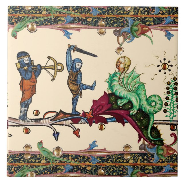 CARREAU BESTIAIRE MÉDIÉVAL, CHEVALIERS ET DRAGON HYBRIDE (Devant)