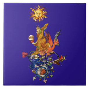 CARREAU BESTIAIRE MÉDIÉVAL ÉTRANGE,ALCHIMISTE,DRAGON ROUGE