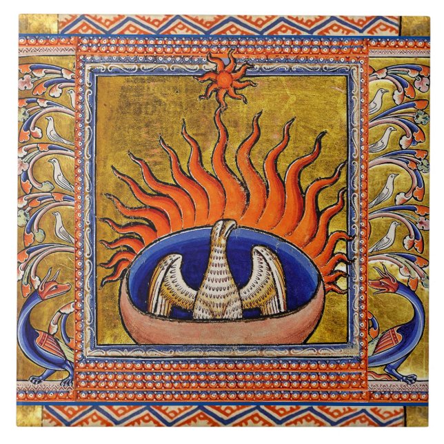 CARREAU BESTIAIRE MÉDIÉVAL, PHOENIX DANS LES FLAMES ROUGES (Devant)