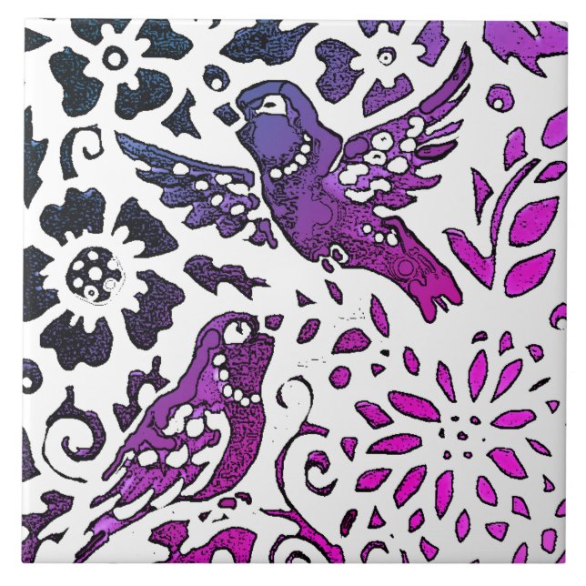 Carreau Bird Batik Moderne Purple Bleu Floral Bois (Devant)
