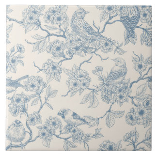 Carreau Birds and cherry blossom in blue and off white