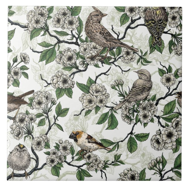 Carreau Birds and cherry blossom on white (Devant)