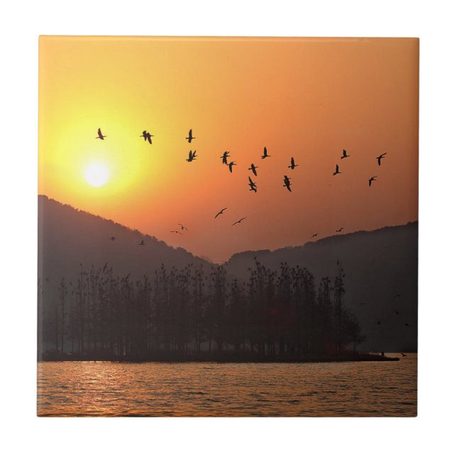Carreau Birds Flying dans le lac Est de Sunset Sky (Devant)