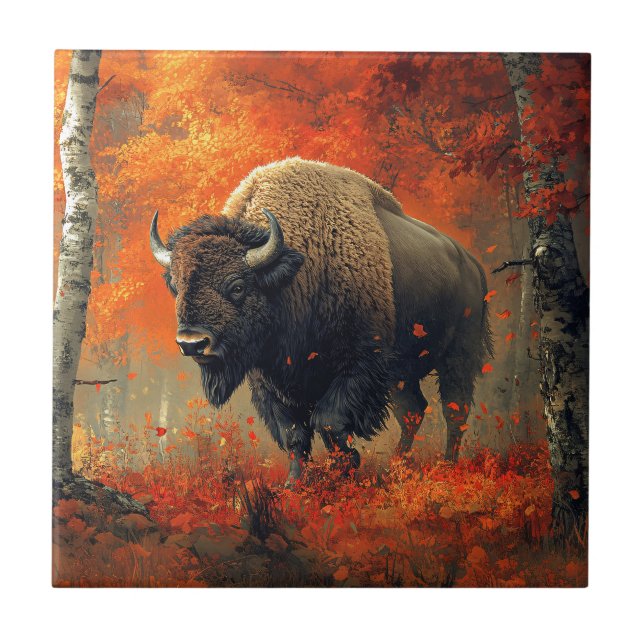Carreau Bison dans l'artisanat boisé d'automne (Devant)