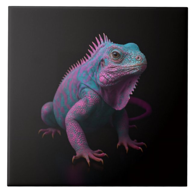 Carreau Black 4 Luxe Tile with Pink Tropical Iguana (Devant)