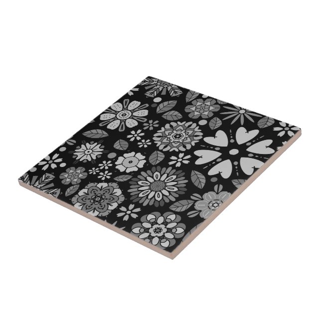 Carreau Black And Gray Retro Floral Art Seamless Pattern (Côté)
