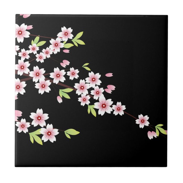 Carreau Black avec rose et vert cerisier en fleurs Sakura (Devant)