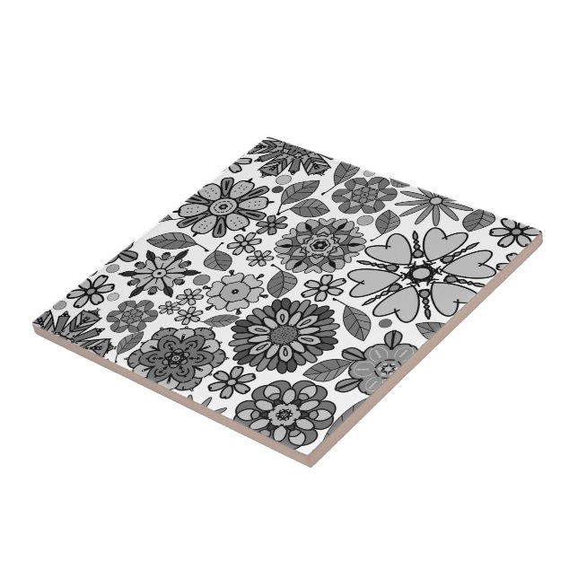 Carreau Black Gray White Retro Floral Art Seamless Pattern (Côté)