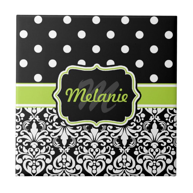 Carreau Black Green Monogramme Damask Pois Motif (Devant)