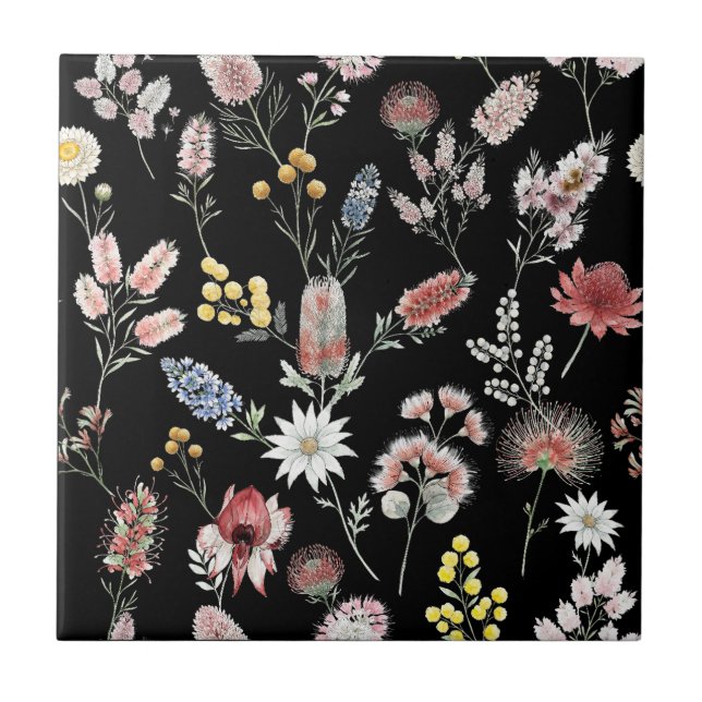 Carreau Black Romantic Moody Watercolor Wildflowers (Devant)