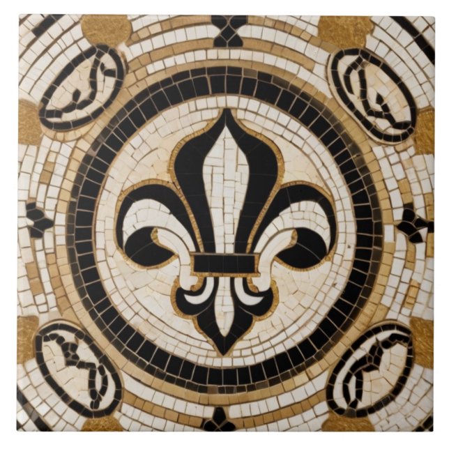 Carreau Blanc noir et or Fleur de Lis Faux Mosaic (Devant)