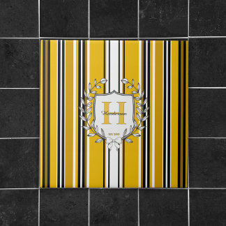 Carreau Blason de monogramme élégante rayure jaune Nom de