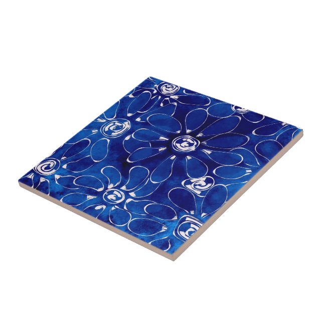 Carreau Bleu Blanc Abstrait Fleurs florales (Côté)