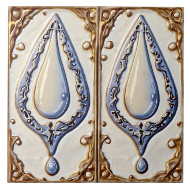 Carreau Bleu Blanc et Or gouttelettes d'eau Salle de bain  (Devant)