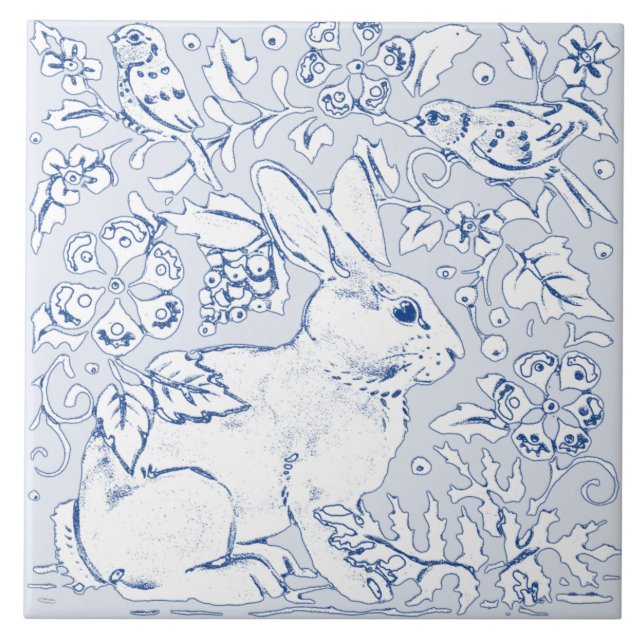 Carreau Bleu Bleu Artistique Lapin Oiseau Floral Delft (Devant)