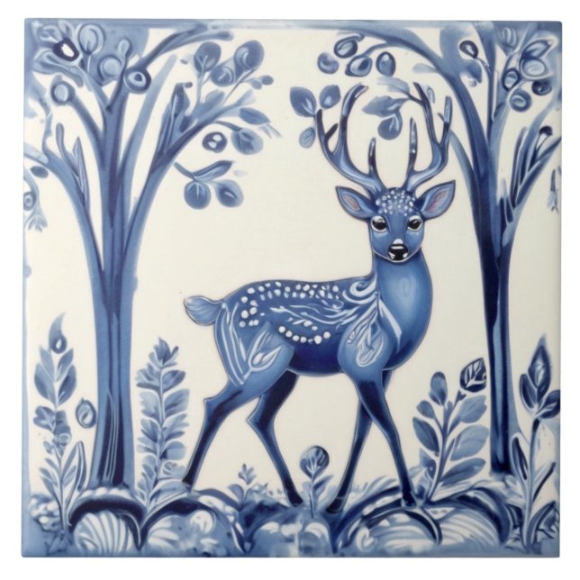 Carreau Bleu cerf et blanc Bois Folk Art animal (Devant)