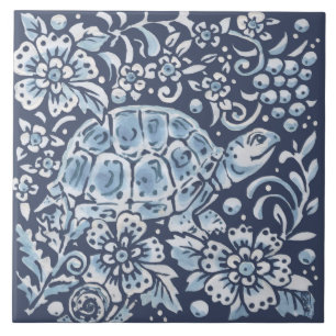 Carreau Bleu classique blanc orné Forêt de tortues Floral 