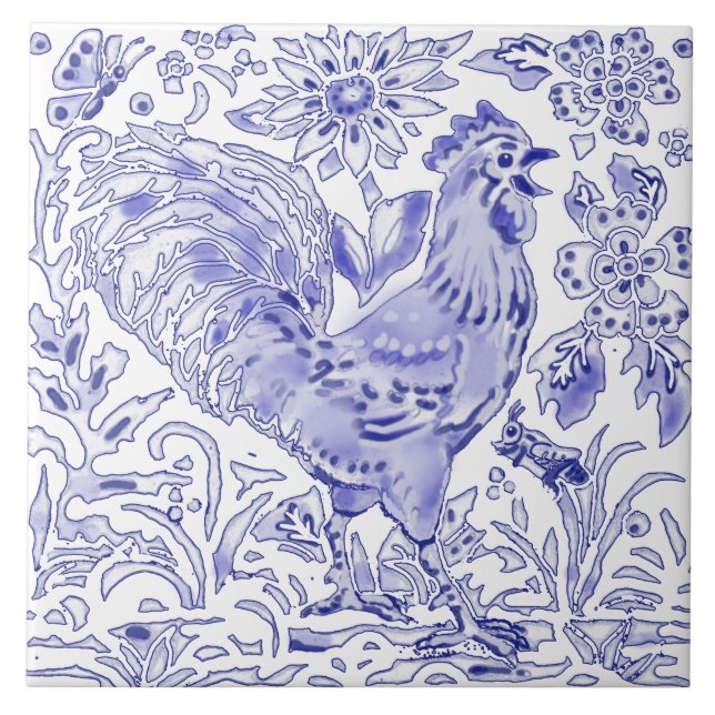 Carreau Bleu Coq Poulet Insect Ferme Art Rustique  (Devant)