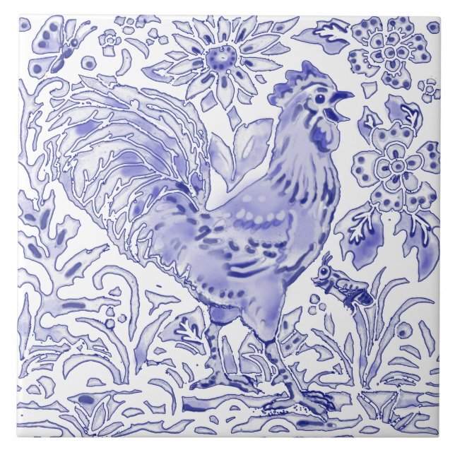 Carreau Bleu Coq Poulet Insect Ferme Art Rustique   (Devant)