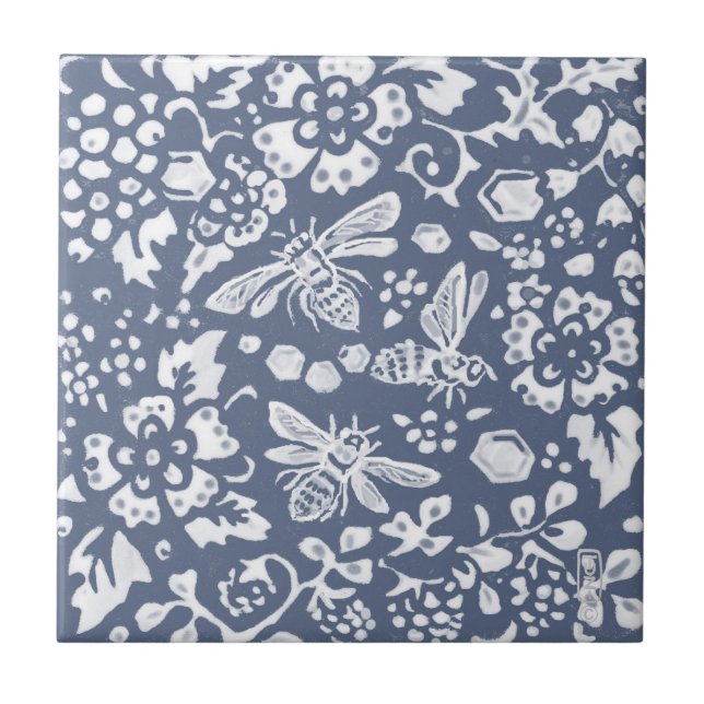 Carreau Bleu d'abeille Blanc Botanique Floral Delft Denim (Devant)