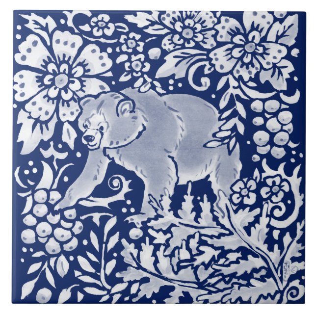 Carreau Bleu de la marine de Cobalt Forêt d'ours animal (Devant)